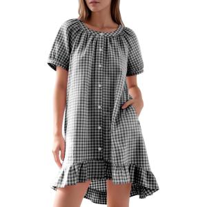 image:imageFlygo Womens Gingham Nightgown Cotton Ruffle Short Sleeve Button Down Sleep House Dress Summer Plaid Loungewear with PocketsBlack