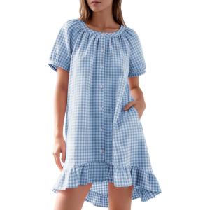 image:imageFlygo Womens Gingham Nightgown Cotton Ruffle Short Sleeve Button Down Sleep House Dress Summer Plaid Loungewear with PocketsBlue