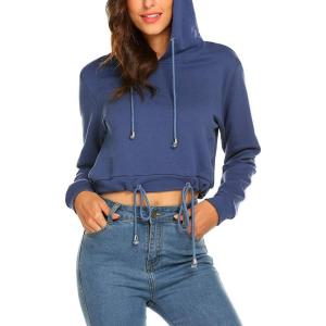 image:imageFlygo Womens Long Sleeve Crop Top Casual Workout Pullover Hoodie Cropped Sweatshirt Blue XLarge