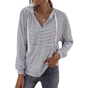 image:imageFlygo Womens Long Sleeve V Neck Hoodies Oversized Striped Pullover SweatshirtBlack