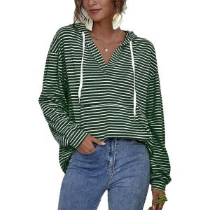 image:imageFlygo Womens Long Sleeve V Neck Hoodies Oversized Striped Pullover SweatshirtGreen