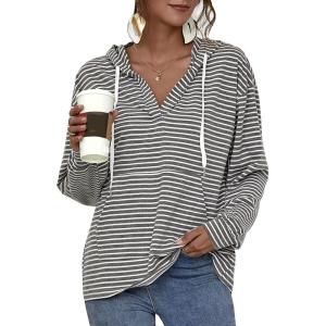 image:imageFlygo Womens Long Sleeve V Neck Hoodies Oversized Striped Pullover SweatshirtGrey