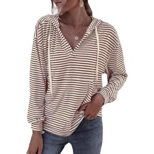 image:imageFlygo Womens Long Sleeve V Neck Hoodies Oversized Striped Pullover SweatshirtRed
