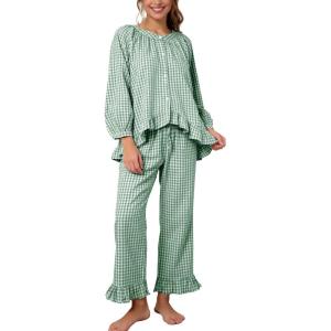 image:imageFlygo Womens Plaid Pajamas Sets 2 Piece Cotton Pj Set Puff Sleeve Ruffle Babydoll Shirt Gingham Pants Lounge SetsBean Green