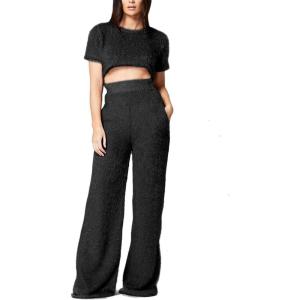 image:imageFlygo Womens Velvet 2 Pieces Outfits Short Sleeves Crop Top amp Long Pants JumpsuitsBlack