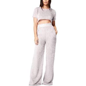 image:imageFlygo Womens Velvet 2 Pieces Outfits Short Sleeves Crop Top amp Long Pants JumpsuitsGrey