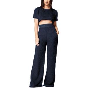 image:imageFlygo Womens Velvet 2 Pieces Outfits Short Sleeves Crop Top amp Long Pants JumpsuitsNavy