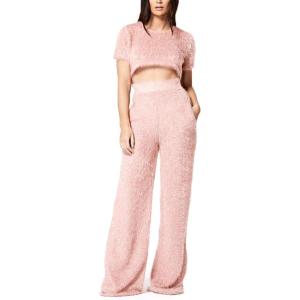 image:imageFlygo Womens Velvet 2 Pieces Outfits Short Sleeves Crop Top amp Long Pants JumpsuitsPink