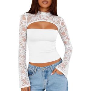 image:imageLace Long Sleeve Sexy Tops for Women Going Out Crop Top Bell Sleeve Y2K Cutout Slim Date Party Night Out ShirtsWhite