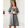 image:imageFlygo Womens Cotton Gingham Nightgown Square Neck Ruffled Short Sleeve House Dress Mini Pullover Sleepwear with PocketsBlack