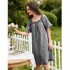 image:imageFlygo Womens Cotton Gingham Nightgown Square Neck Ruffled Short Sleeve House Dress Mini Pullover Sleepwear with PocketsBlack