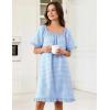 image:imageFlygo Womens Cotton Gingham Nightgown Square Neck Ruffled Short Sleeve House Dress Mini Pullover Sleepwear with PocketsBlue