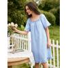 image:imageFlygo Womens Cotton Gingham Nightgown Square Neck Ruffled Short Sleeve House Dress Mini Pullover Sleepwear with PocketsBlue