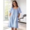 image:imageFlygo Womens Cotton Gingham Nightgown Square Neck Ruffled Short Sleeve House Dress Mini Pullover Sleepwear with PocketsBlue