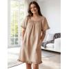 image:imageFlygo Womens Cotton Gingham Nightgown Square Neck Ruffled Short Sleeve House Dress Mini Pullover Sleepwear with PocketsBrown