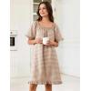 image:imageFlygo Womens Cotton Gingham Nightgown Square Neck Ruffled Short Sleeve House Dress Mini Pullover Sleepwear with PocketsBrown