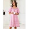 image:imageFlygo Womens Cotton Gingham Nightgown Square Neck Ruffled Short Sleeve House Dress Mini Pullover Sleepwear with PocketsPink