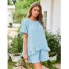 image:imageFlygo Womens Pajamas Set 2 Piece Cotton Ruffle Pj Lounge Sets Cute Puff Sleeve Babydoll Top Shorts Sleepwear Summer OutfitsBlue