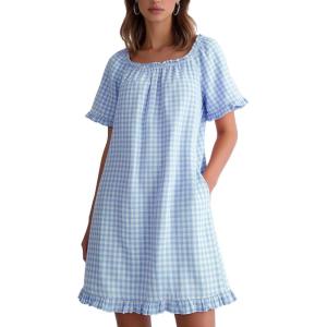 image:imageFlygo Womens Cotton Gingham Nightgown Square Neck Ruffled Short Sleeve House Dress Mini Pullover Sleepwear with PocketsBlue
