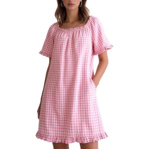 image:imageFlygo Womens Cotton Gingham Nightgown Square Neck Ruffled Short Sleeve House Dress Mini Pullover Sleepwear with PocketsPink