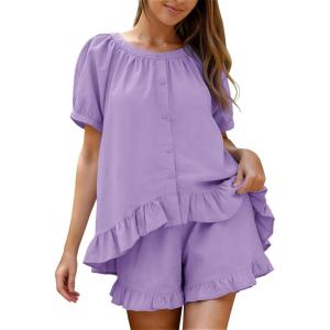 image:imageFlygo Womens Pajamas Set 2 Piece Cotton Ruffle Pj Lounge Sets Cute Puff Sleeve Babydoll Top Shorts Sleepwear Summer OutfitsPurple