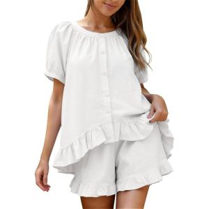image:imageFlygo Womens Pajamas Set 2 Piece Cotton Ruffle Pj Lounge Sets Cute Puff Sleeve Babydoll Top Shorts Sleepwear Summer OutfitsWhite