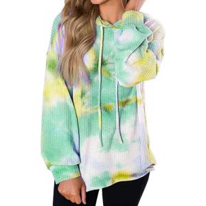 image:imageFlygo Womens Waffle Loose Long Sleeve Hoodies Tie Dye Printed Sweatshirts Drawstring Pullover TopsGreen