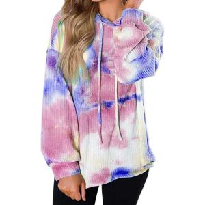 image:imageFlygo Womens Waffle Loose Long Sleeve Hoodies Tie Dye Printed Sweatshirts Drawstring Pullover TopsPink