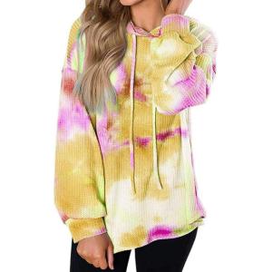 image:imageFlygo Womens Waffle Loose Long Sleeve Hoodies Tie Dye Printed Sweatshirts Drawstring Pullover TopsYellow