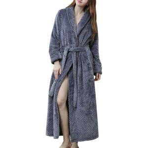 image:imageFlygo Womens Winter Fleece Plush Bathrobe Long Cotton Flannel Sleepwear Belted Large Grey