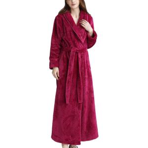 image:imageFlygo Womens Winter Fleece Plush Bathrobe Long Cotton Flannel Sleepwear Belted Medium Wine Red
