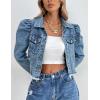 image:imageFlygo Womens Fashion Puff Sleeve Frayed Raw Hem Ripped Cropped Jean Denim JacketBlue