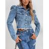 image:imageFlygo Womens Fashion Puff Sleeve Frayed Raw Hem Ripped Cropped Jean Denim JacketBlue