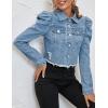 image:imageFlygo Womens Fashion Puff Sleeve Frayed Raw Hem Ripped Cropped Jean Denim JacketLightblue