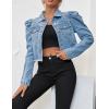 image:imageFlygo Womens Fashion Puff Sleeve Frayed Raw Hem Ripped Cropped Jean Denim JacketLightblue