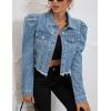 image:imageFlygo Womens Fashion Puff Sleeve Frayed Raw Hem Ripped Cropped Jean Denim JacketLightblue