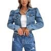image:imageFlygo Womens Fashion Puff Sleeve Frayed Raw Hem Ripped Cropped Jean Denim JacketBlue