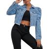 image:imageFlygo Womens Fashion Puff Sleeve Frayed Raw Hem Ripped Cropped Jean Denim JacketLightblue