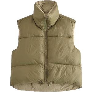 image:imageFlygo Womens Cropped Puffer Vest Jacket Sleeveless Full Zip Quilted Warm Down CoatArmygreen