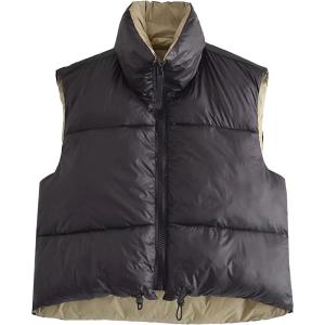 image:imageFlygo Womens Cropped Puffer Vest Jacket Sleeveless Full Zip Quilted Warm Down CoatBlack