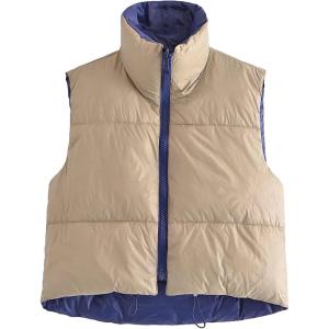 image:imageFlygo Womens Cropped Puffer Vest Jacket Sleeveless Full Zip Quilted Warm Down CoatBlue