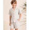 image:imageFlygo Boys Summer 2 Piece Beach Outfits Casual Short Sleeve Button Down Shirts and Shorts Vacation Outfit Textured SetsBeige
