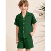 image:imageFlygo Boys Summer 2 Piece Beach Outfits Casual Short Sleeve Button Down Shirts and Shorts Vacation Outfit Textured SetsGreen