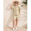 image:imageFlygo Boys Summer 2 Piece Beach Outfits Casual Short Sleeve Button Down Shirts and Shorts Vacation Outfit Textured SetsKhaki