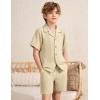 image:imageFlygo Boys Summer 2 Piece Beach Outfits Casual Short Sleeve Button Down Shirts and Shorts Vacation Outfit Textured SetsKhaki