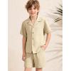 image:imageFlygo Boys Summer 2 Piece Beach Outfits Casual Short Sleeve Button Down Shirts and Shorts Vacation Outfit Textured SetsKhaki