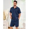 image:imageFlygo Men Cotton Linen Sets Outfits 2 Piece Summer Short Sleeve Shirt and Shorts Set Beach Wear Vacation OutfitNavy