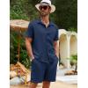image:imageFlygo Men Cotton Linen Sets Outfits 2 Piece Summer Short Sleeve Shirt and Shorts Set Beach Wear Vacation OutfitNavy