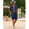 image:imageFlygo Men Cotton Linen Sets Outfits 2 Piece Summer Short Sleeve Shirt and Shorts Set Beach Wear Vacation OutfitNavy