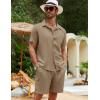 image:imageFlygo Men Cotton Linen Sets Outfits 2 Piece Summer Short Sleeve Shirt and Shorts Set Beach Wear Vacation OutfitShallow Coffee